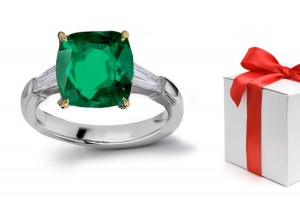 Foretell Future: 14k "Vibrant" 3 Stone Cushion Cut Emerald & Baguette Diamond Ring Gold