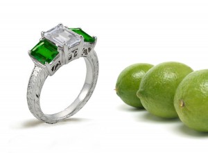 Old European Rings: Antique Style Emerald Cut Emerald & Diamond 3 Stone Ring