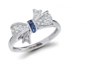 Georgian Micropave Diamond Ribbon & Sapphire Bow Gold Ring with 1.75 cts genuine