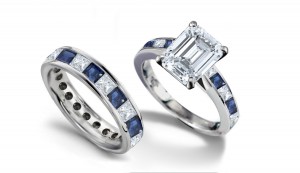Emerald Cut Diamond & Square Blue Sapphire Ring & Matching Wedding Band