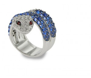 Micropave Diamond Sapphire Double Wrap Gold Snake Ring with 2.25 cts genuine brilliant-cut