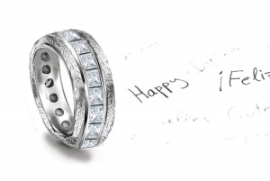 Seamless: Vintage Style Channel Set Princess Cut Diamond Wedding Band Adorned in Scrolls/Motifs