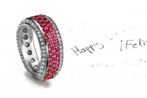 Trio Micropavee Ruby Eternity Ring in Platinum with Diamond Halo Sides