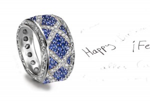 Micropavee Blue Sapphire & Openwork Band with Rhomboid Diamond Frame