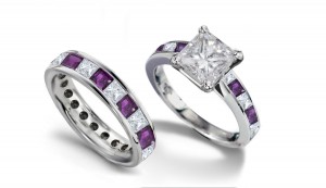 Princess Cut Diamond & Purple Sapphire Engagement Ring and Matching Band