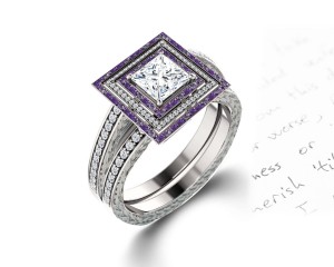 Delicate Micro Pave Halo Vivid Purple Sapphires & Brilliant-Cut Round Diamonds Designer Engagement Rings