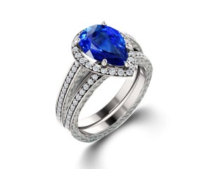 Delicate Micro Pave Halo Vivid Blue Sapphires & Brilliant-Cut Round Diamonds Designer Engagement Rings