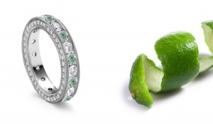 Green Diamond Eternity Wedding Band with Fine Milgrain Details & Halo of Diamond Decorated Sides