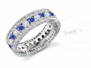 6 mm Wide Triple Stacked Blue Sapphire & Diamond Wedding Gold Band