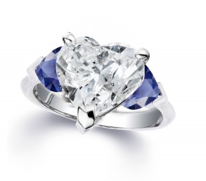 Custom Manufactured Three Stone Heart-Shaped Blue Sapphires & Diamond Ring