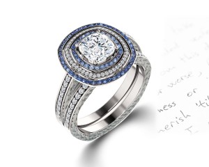 Delicate Micro Pave Halo Vivid Blue Sapphires & Brilliant-Cut Round Diamonds Designer Engagement Rings