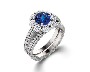 Delicate Micro Pave Halo Vivid Flower Blue Sapphires & Brilliant-Cut Round Diamonds Designer Engagement Rings