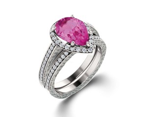 Delicate Micro Pave Halo Vivid Pink Sapphires & Brilliant-Cut Round Diamonds Designer Engagement Rings