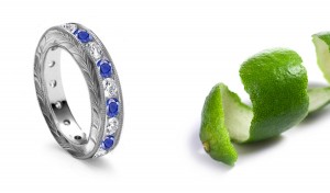 Intricate Foliate Scrolls & Motifs Hand Engraved Sapphire Diamond Ring