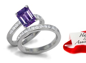 Glittering: Royal Rich Very Rare Purple Sapphire & Gleaming Diamond Engagement & Wedding Bands