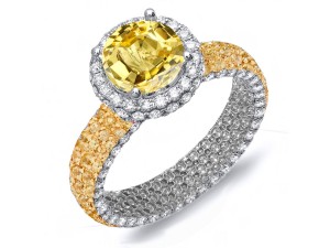 Made To Order Rings Featuring Delicate French Halo Pave Diamonds & Vivid Yellow Sapphires