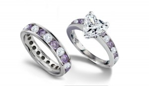 White & Puple Diamond Wedding Eternity Band & Matching Engagement Ring with Heart Diamond atop Purple Diamond Band