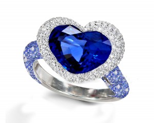 Ring with Heart Blue Sapphire & Pave Set Blue Sapphires & White Diamonds in Gold or Platinum