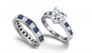 Heart Diamond & Princess Cut Sapphire & Diamond Engagement Ring & Wedding Band in 14k White Gold