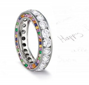 Micro pave Halo Brilliant Round Diamond & Rainbow of Gemstones Eternity Rings