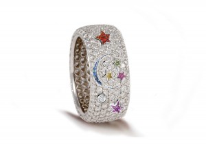 High Quality French pavee Multi-Colored Sapphire & Brilliant-Cut Round Diamond Moon & Stars Eternity Rings & Bands