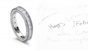 Circular Loop of Love: Twinkling Asscher Cut Diamonds are Channel Set with Drawn Motifs on 14k Gold Band Sides