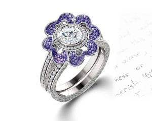 Delicate Micro Pave Halo Vivid Flower Purple Sapphires & Brilliant-Cut Round Diamonds Designer Engagement Rings