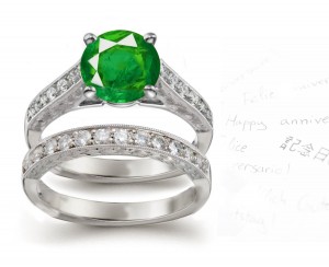 Many Other Designs: Exceptional Value Round Emerald Gemstone Diamond Three-Stone Ring in 14k White Gold & Platinum