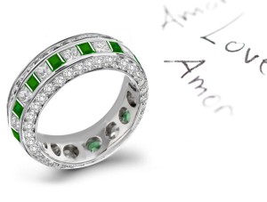 Magic Art: Precise Cut Square Emerald Diamond Eternity Anniversary Band Catching Rays of Sun in Yellow Gold