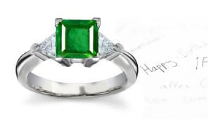 "Deeply Hued" 3 Stone Square Genuine Emerald & Trillion Diamond Ring in 14k White Gold