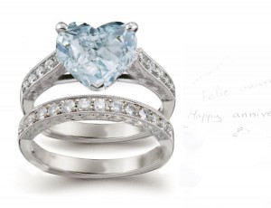 Shimmering Center Heart Blue Diamond & Art Deco White Diamond Prong Set Engagement & Wedding Ring