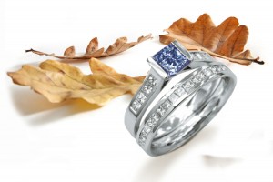 Blue Diamond Rings: Platinum Blue Princess Cut Diamond and White Princess Cut Diamonds Engagement Rings. 
