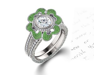 Delicate Micro Pave Halo Vivid Flower Bloom Green Emerald & Diamond Engagement Rings