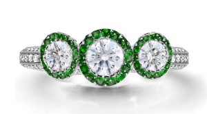 Latest Collection: Delicate Halo Micropave Side Accents Green Emeralds & Diamonds Engagement Rings