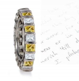 Circle of White & Yellow Princess Cut Diamonds Sparkling in Bar Settings  in Platinum or 18k Gold