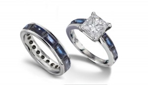 Princess Cut Diamond & Baguette Sapphire Bridal Set