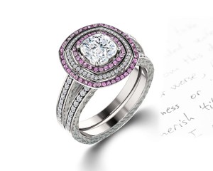 Delicate Micro Pave Halo Vivid Pink Sapphires & Brilliant-Cut Round Diamonds Designer Engagement Rings