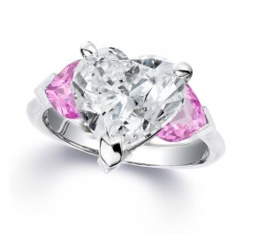 Custom Manufactured Three Stone Heart-Shaped Pink Sapphires & Diamond Ring