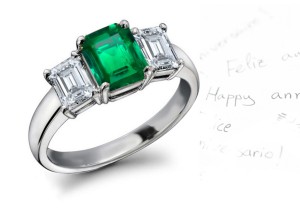 Assorted Combinations: This is a 3 Stone Perfect Emerald Cut  Emerald & Emerald Cut with Elegant Intense Lines Diamond Ring in Platinum Polished Gold