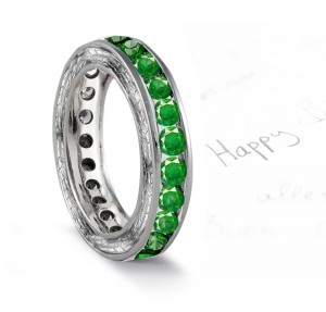 Victorian Style Emerald Wedding Band with Floral Scrolls & Motifs