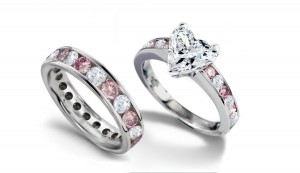 White & Pink Diamond Wedding Eternity Band & Matching Engagement Ring with Heart Diamond atop Pink Diamond Band