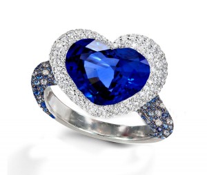 Ring with Heart Blue Sapphire & Pave Set Blue Sapphires & White Diamonds in Gold or Platinum