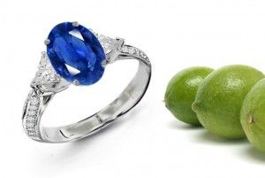 Brilliant Coloration: 3 Stone Trillion Diamond Oval Sapphire Ring With Diamonds