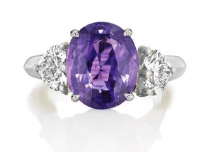 Premium Quality Unique Heart Shaped Diamonds & Purple Sapphire Oval Three Stone Rings