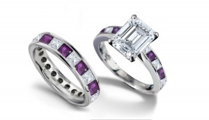 Emerald Cut Diamond & Square Purple Sapphire Ring and Matching Wedding Band