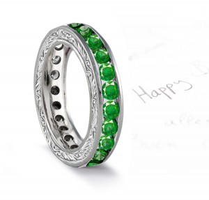 Emerald Wedding Band with Floral Scrolls & Motifs