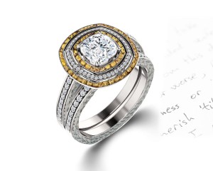 Delicate Micro Pave Halo Vivid Yellow Sapphires & Brilliant-Cut Round Diamonds Designer Engagement Rings