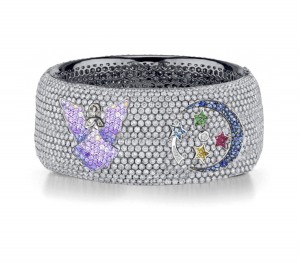 Delicate French pavee Sparkling Brilliant-Cut Round Diamonds & Vivid Multi-Colored Precious Stones Eternity Rings & Bands Featuring Fairy, Moon & Stars