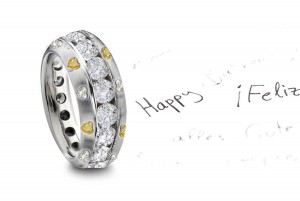 Channel Set Round Diamond Gold Band Yellow & White Heart Diamond Sprinkle All Around