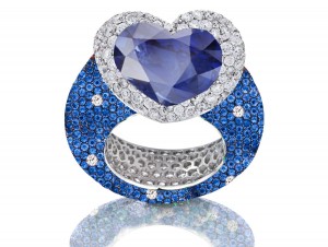 Delicate Micro Pave Round Brilliant Cut & Heart Blue Sapphires & Diamonds Halo Ring